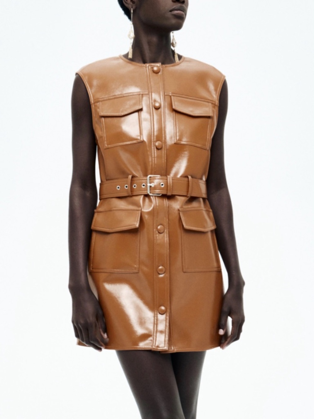 H&M Faux Leather Tan Sleeveless Belted Mini Dress